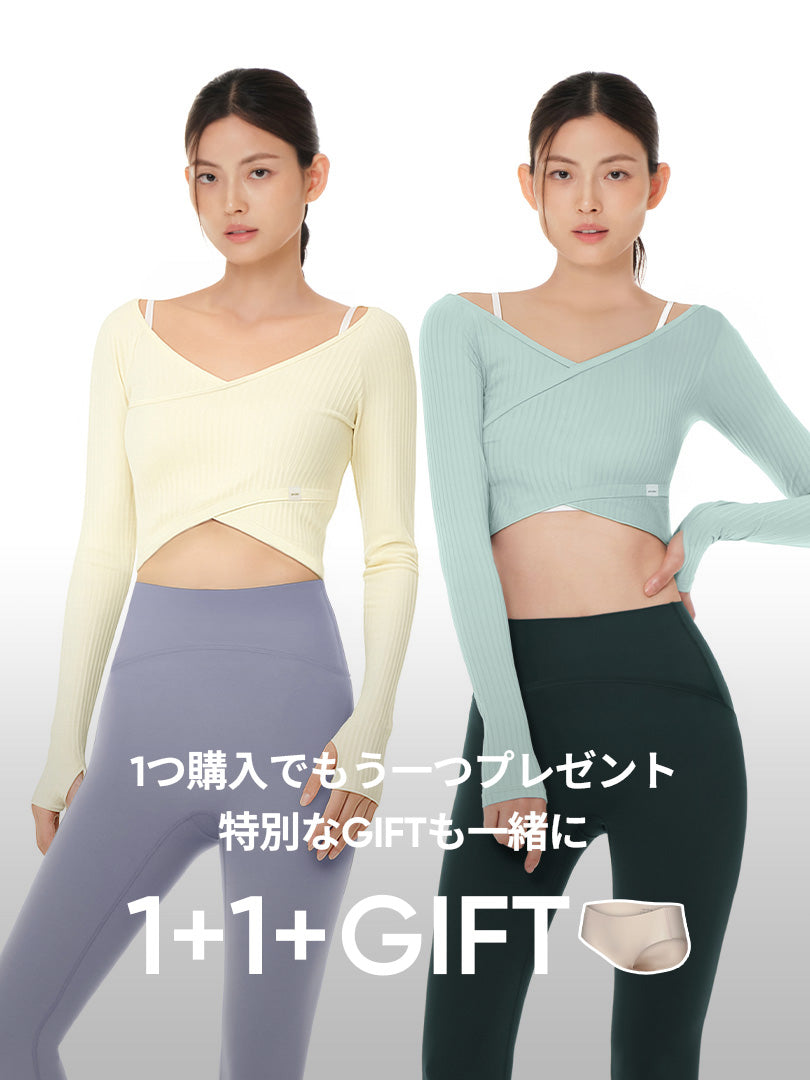 [1+1+GIFT] リブド ラップスタイル クロップド トップス