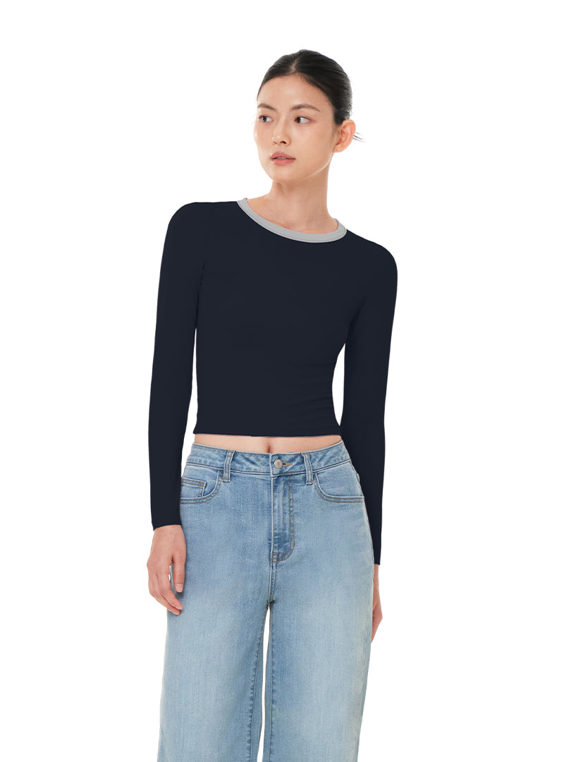 Softension ネックポイント クロップド トップス (長袖) - andar JAPAN