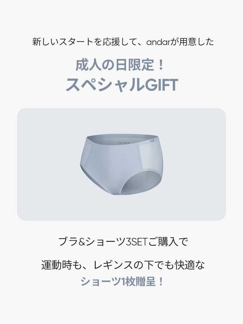 [成人の日お祝いGIFT] [3SET] andar オールデイフィット ブラ (パッド一体型 / 2タイプ選択可)& ショーツ + 運動用ショーツ贈呈